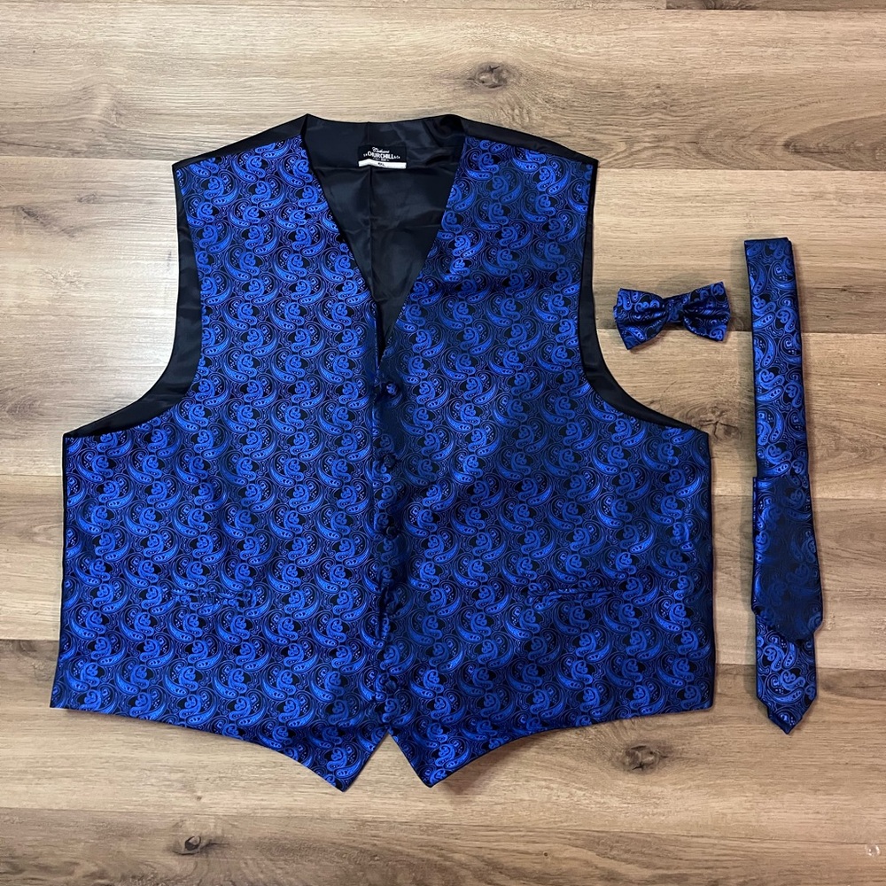 Mens Big Blue and Black Paisley Vest Set 4XL